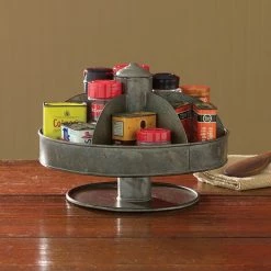 Cheap 😍 Benzara, Woodland Imprts, The Urban Port Benzara Galvanized Lazy Susan Organizer With 6 Pockets, Gray 🔔