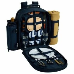 Hot Sale 🔥 Picnic At Ascot Deluxe Equipped 2 Person Picnic 🎒 Backpack With Blanket -Navy/Chevron 🧨