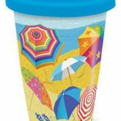 Discount ✔️ Cape Shore Coastal Beach Umbrellas On Parade Coffee Latte Tea Cerarmic Travel Mug With Lid 👍